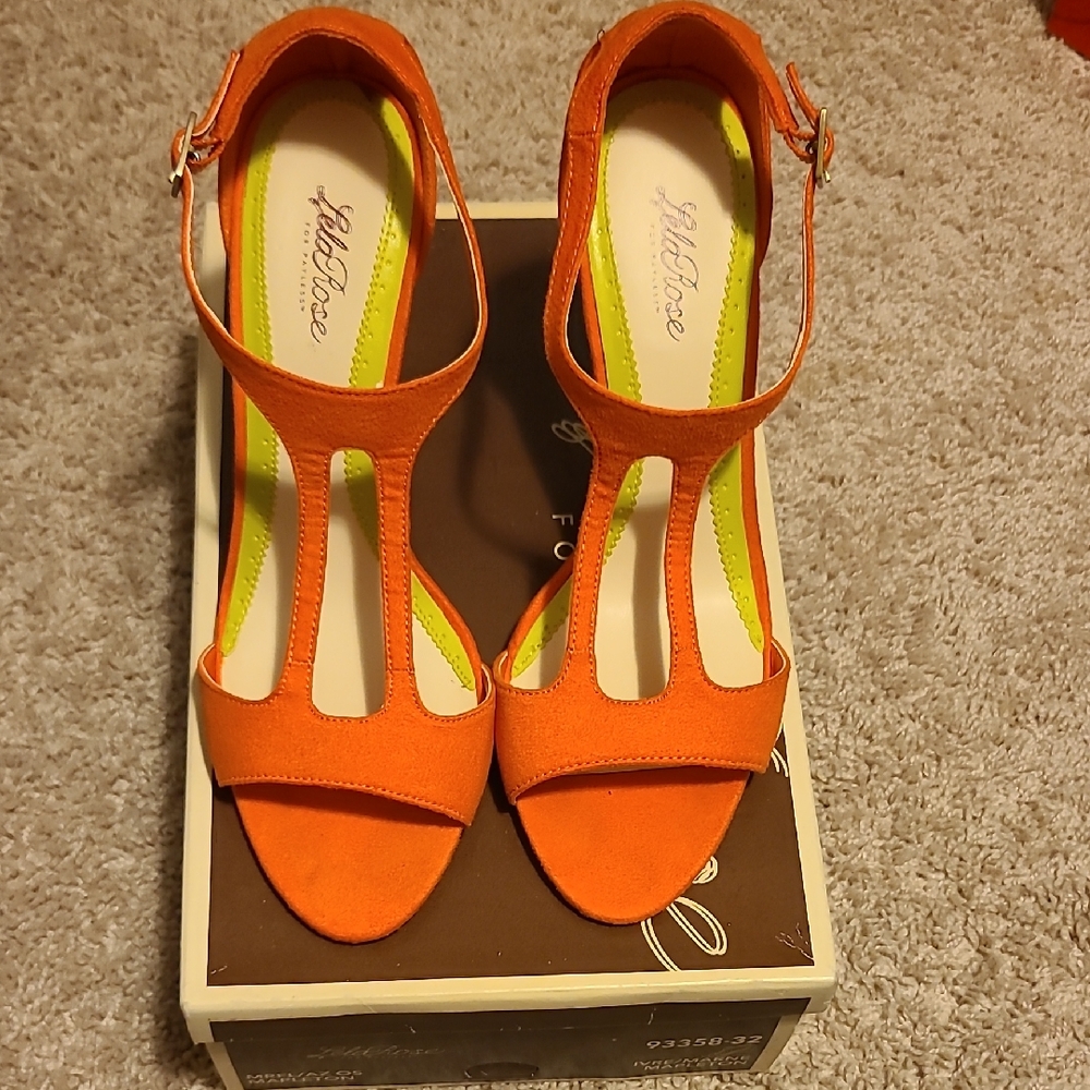 Orange Heels with T-Strap Design and Medium Heel